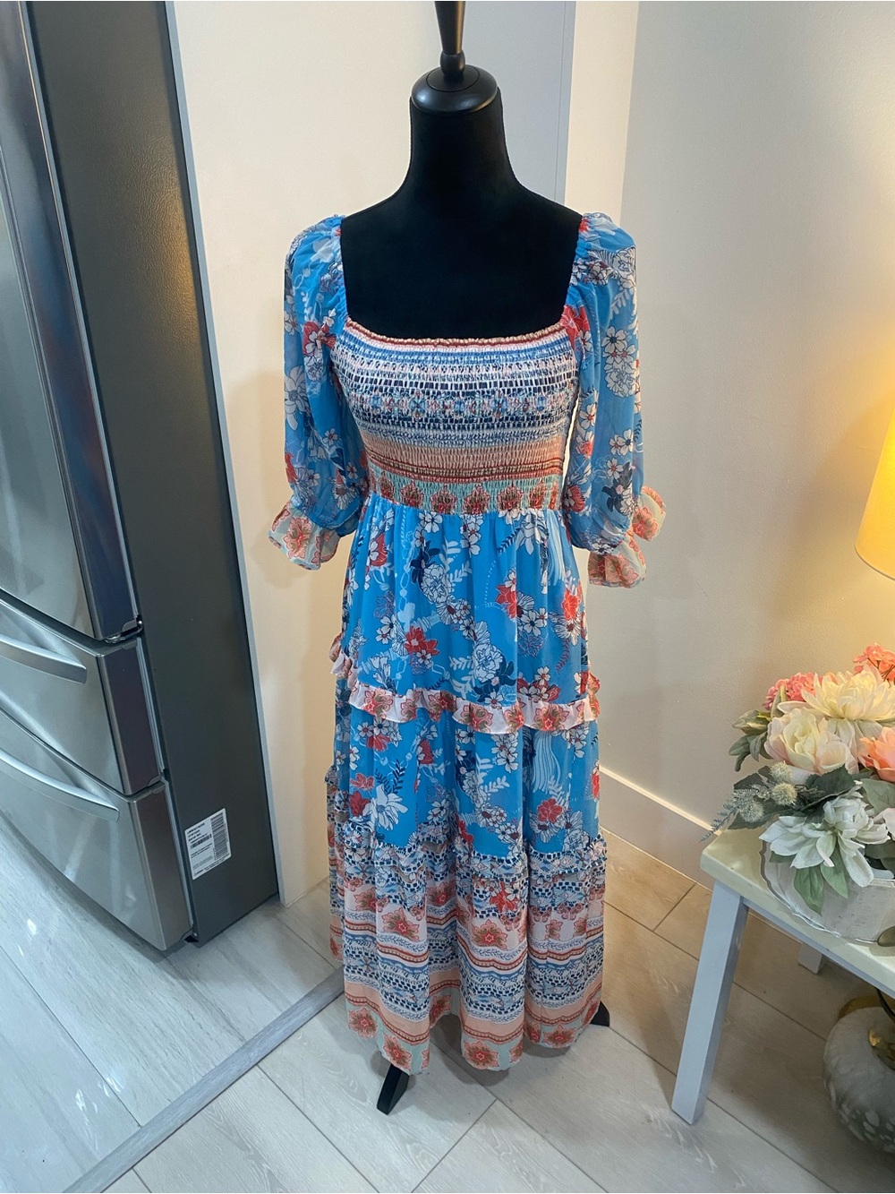 DAVI & DANI Sky Blue Floral Smocked Maxi Dress